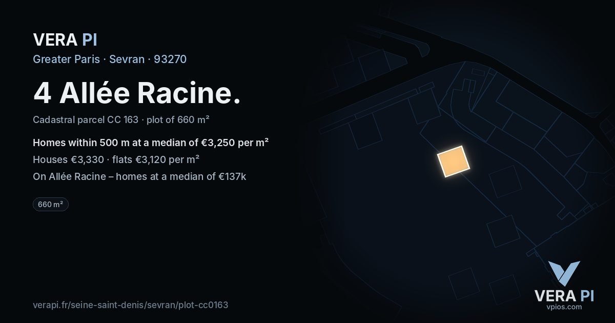 4 Allée Racine, Sevran at night – the plot lit, the parcels around coloured by the prices near them