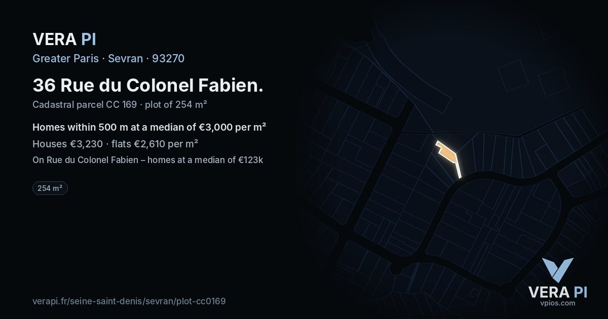 36 Rue du Colonel Fabien, Sevran at night – the plot lit, the parcels around coloured by the prices near them