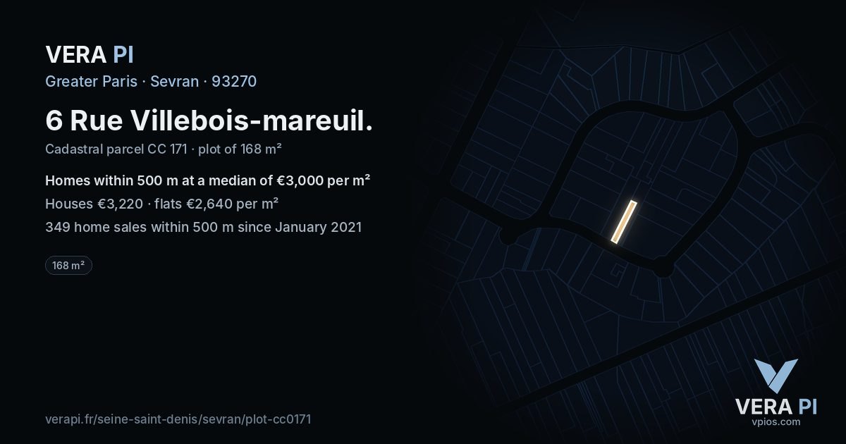 6 Rue Villebois-mareuil, Sevran at night – the plot lit, the parcels around coloured by the prices near them