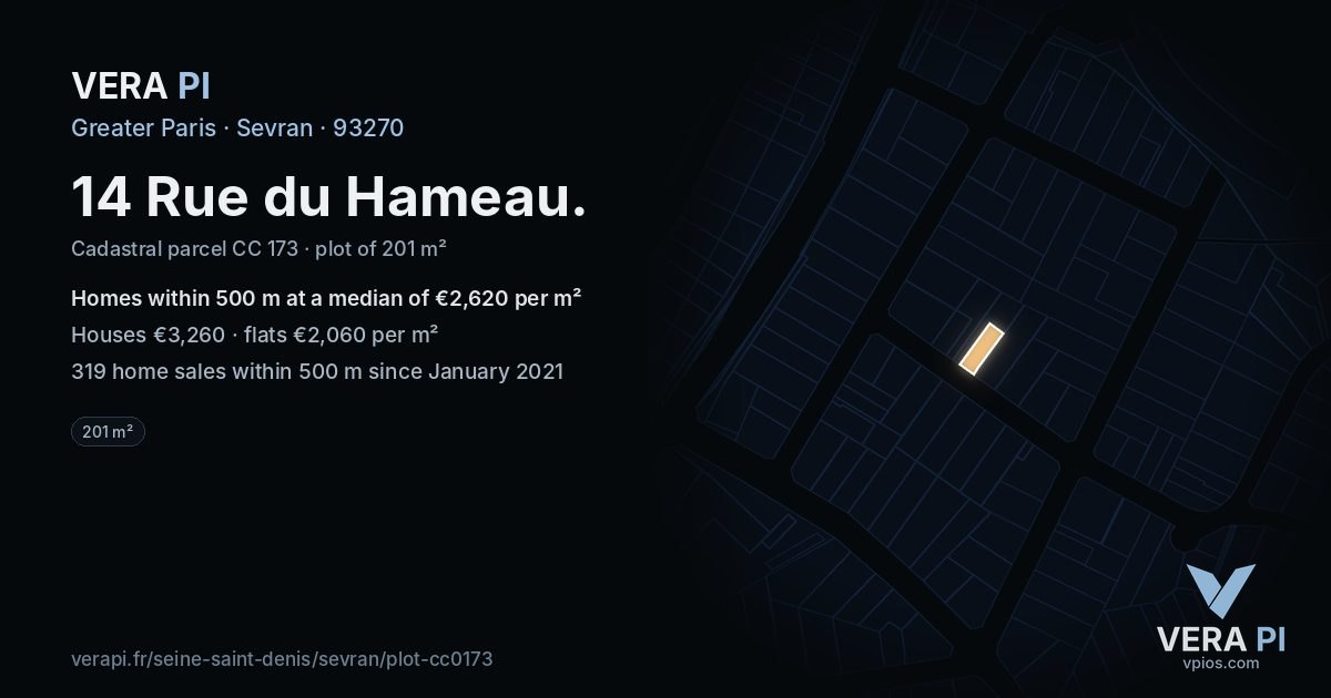 14 Rue du Hameau, Sevran at night – the plot lit, the parcels around coloured by the prices near them