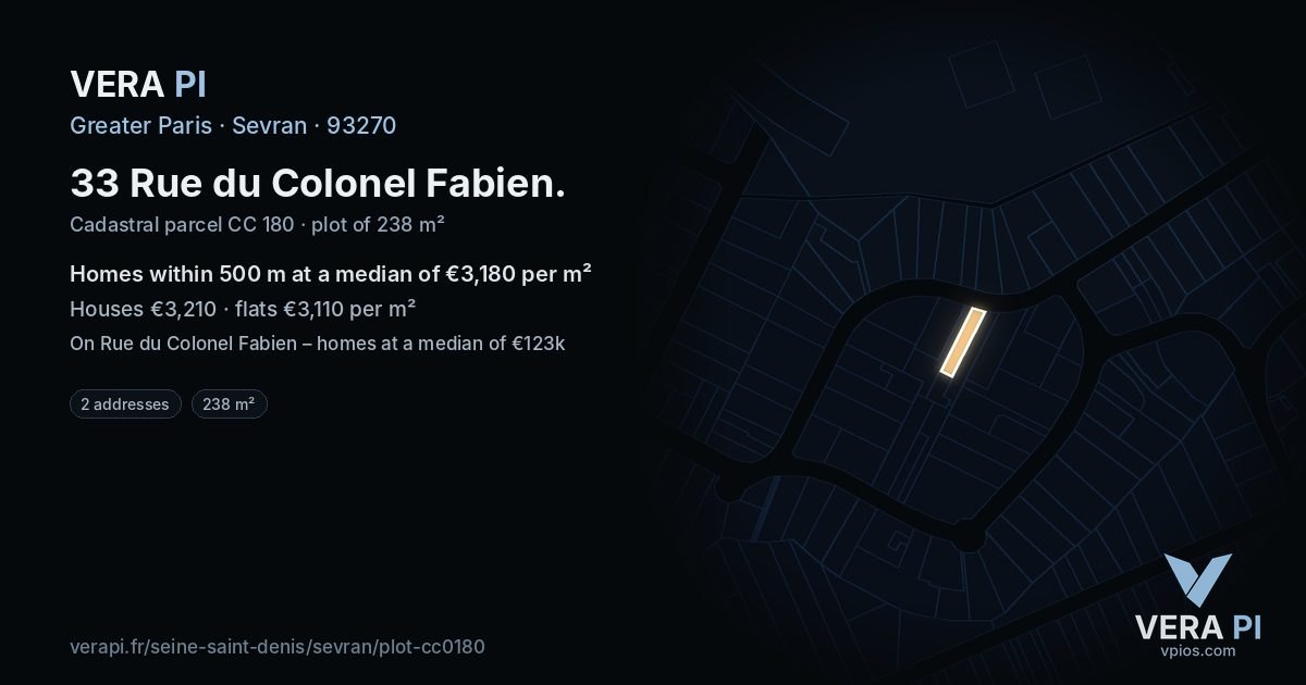 33 Rue du Colonel Fabien, Sevran at night – the plot lit, the parcels around coloured by the prices near them