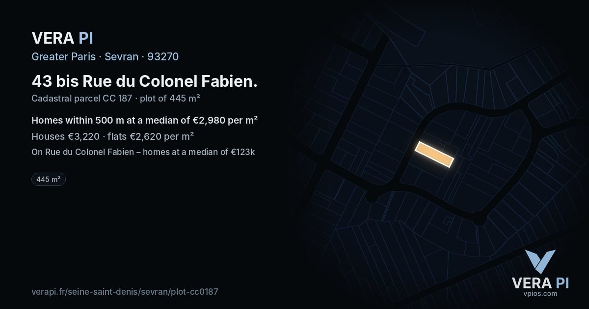 43 bis Rue du Colonel Fabien, Sevran at night – the plot lit, the parcels around coloured by the prices near them