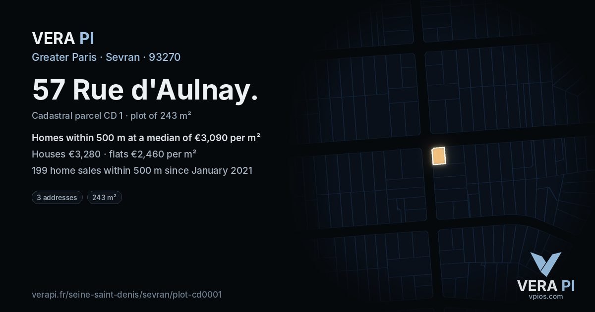 57 Rue d'Aulnay, Sevran at night – the plot lit, the parcels around coloured by the prices near them