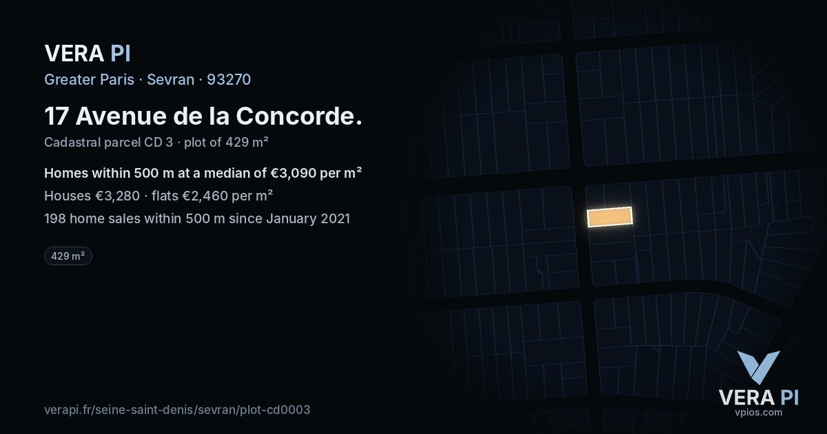 17 Avenue de la Concorde, Sevran at night – the plot lit, the parcels around coloured by the prices near them