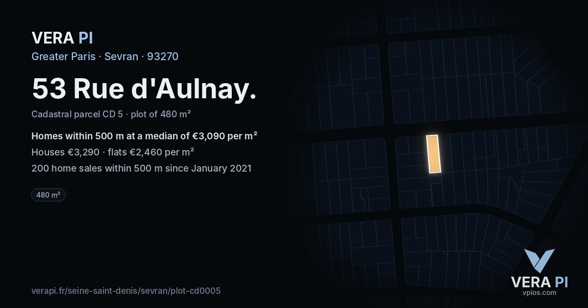 53 Rue d'Aulnay, Sevran at night – the plot lit, the parcels around coloured by the prices near them