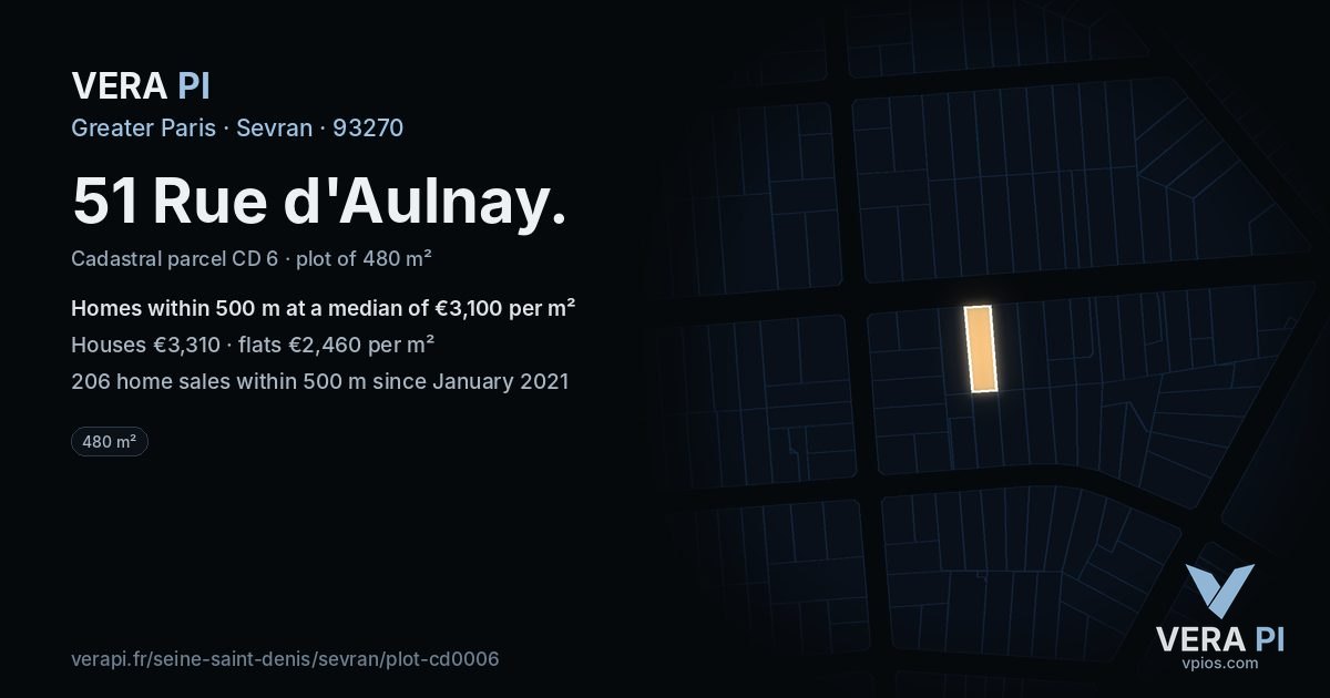 51 Rue d'Aulnay, Sevran at night – the plot lit, the parcels around coloured by the prices near them