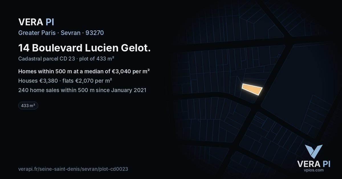 14 Boulevard Lucien Gelot, Sevran at night – the plot lit, the parcels around coloured by the prices near them