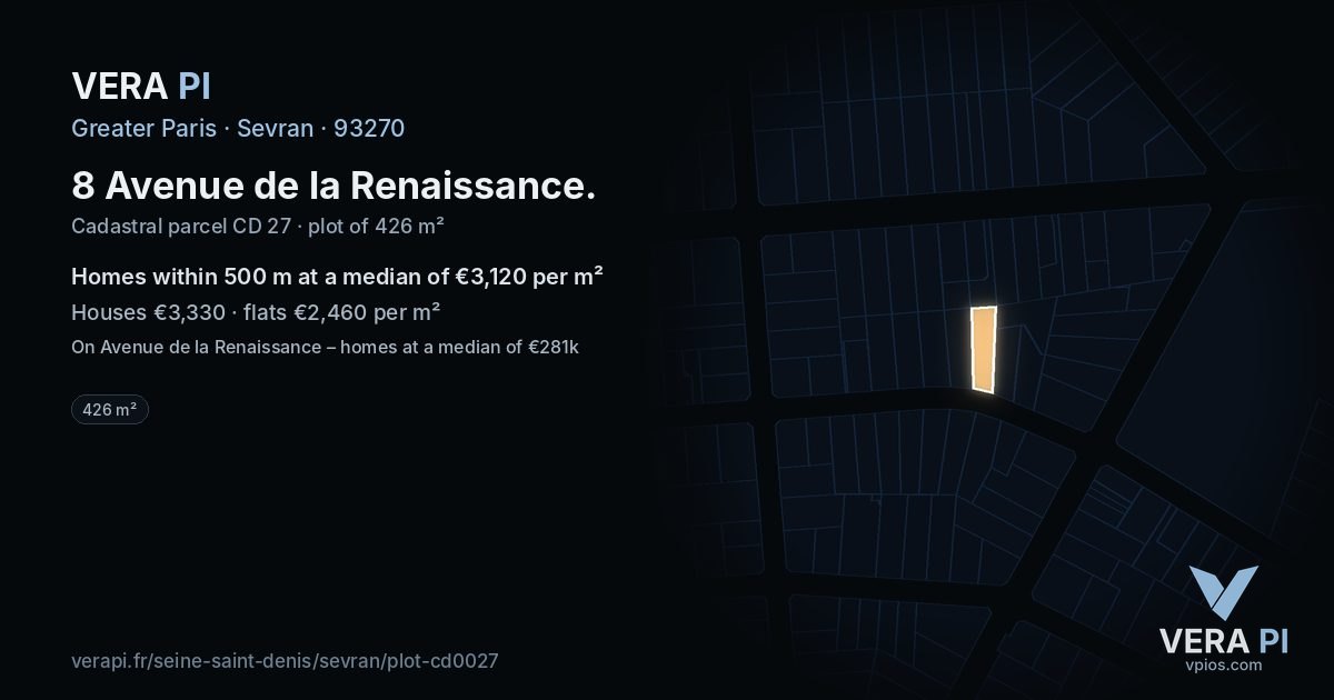 8 Avenue de la Renaissance, Sevran at night – the plot lit, the parcels around coloured by the prices near them