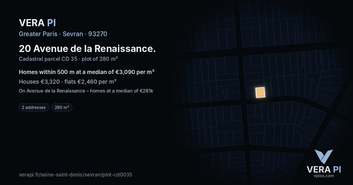 20 Avenue de la Renaissance, Sevran at night – the plot lit, the parcels around coloured by the prices near them