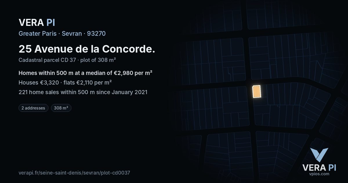 25 Avenue de la Concorde, Sevran at night – the plot lit, the parcels around coloured by the prices near them