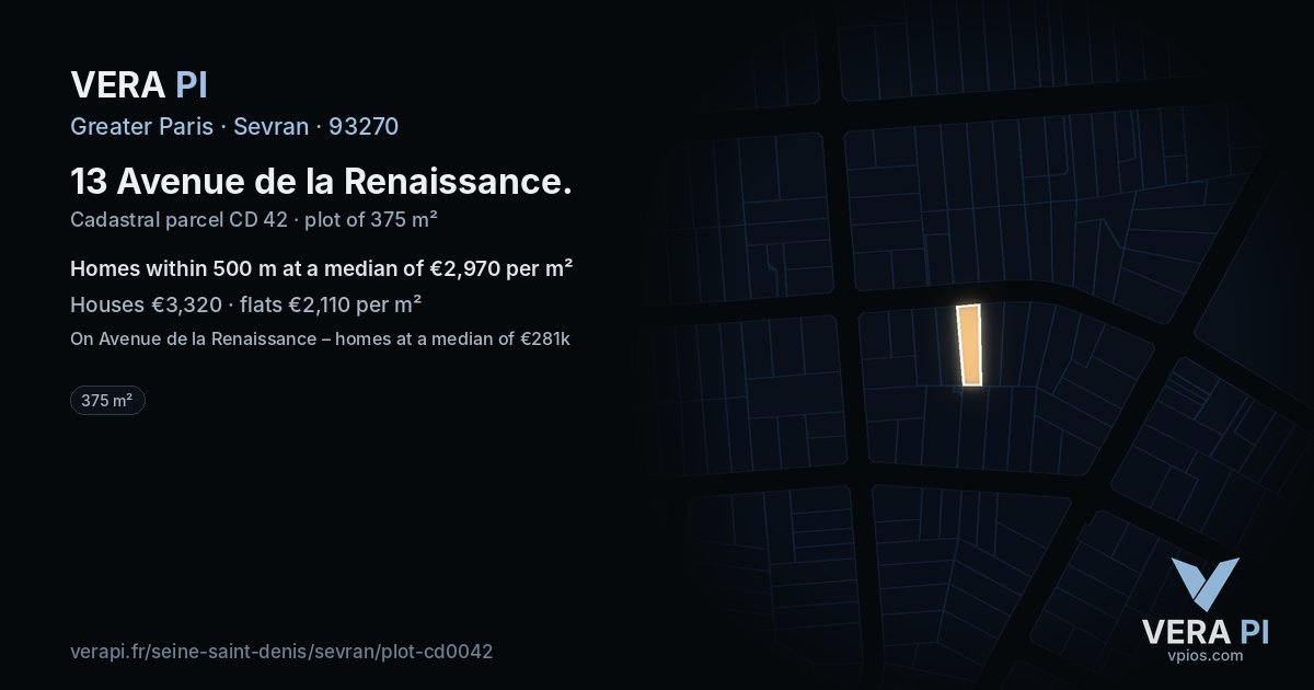 13 Avenue de la Renaissance, Sevran at night – the plot lit, the parcels around coloured by the prices near them