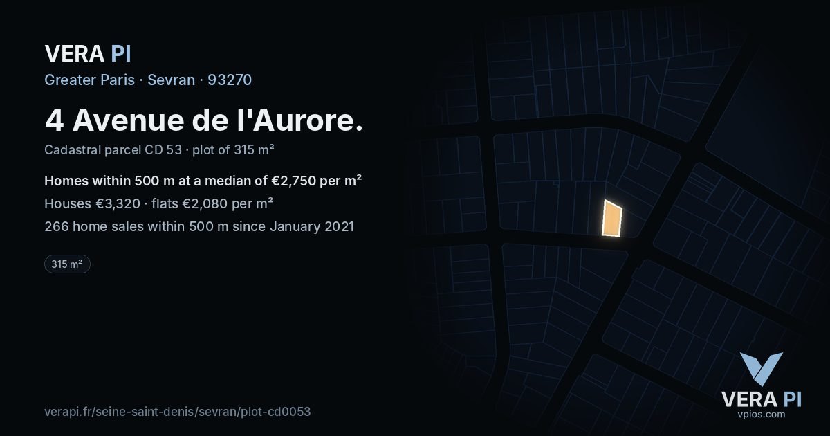 4 Avenue de l'Aurore, Sevran at night – the plot lit, the parcels around coloured by the prices near them