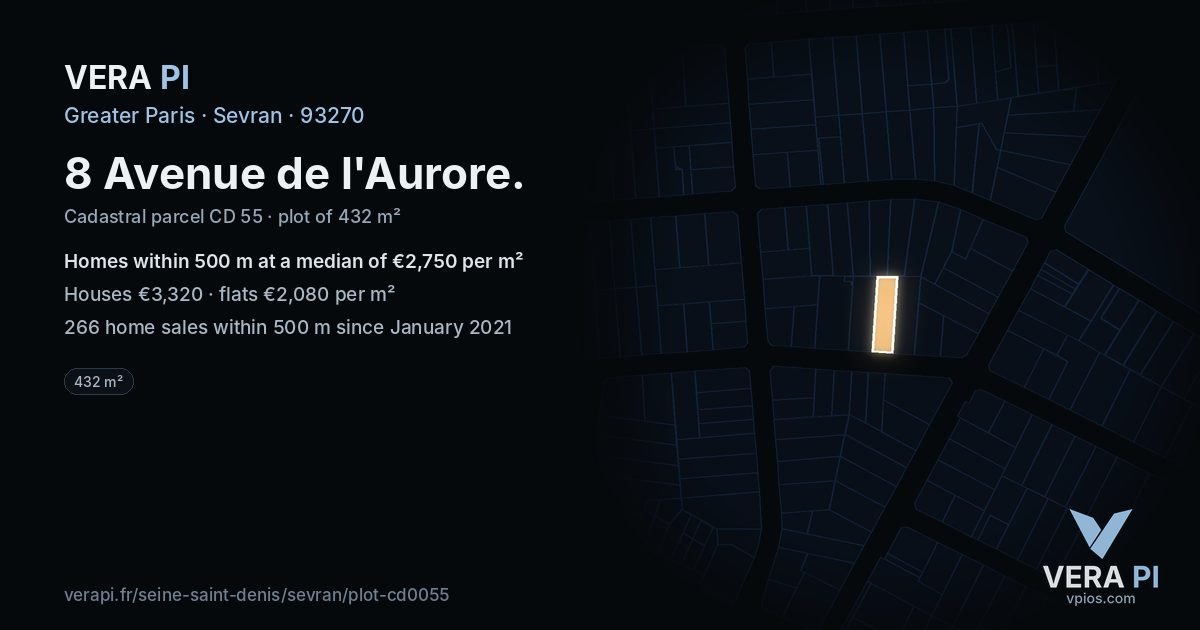8 Avenue de l'Aurore, Sevran at night – the plot lit, the parcels around coloured by the prices near them