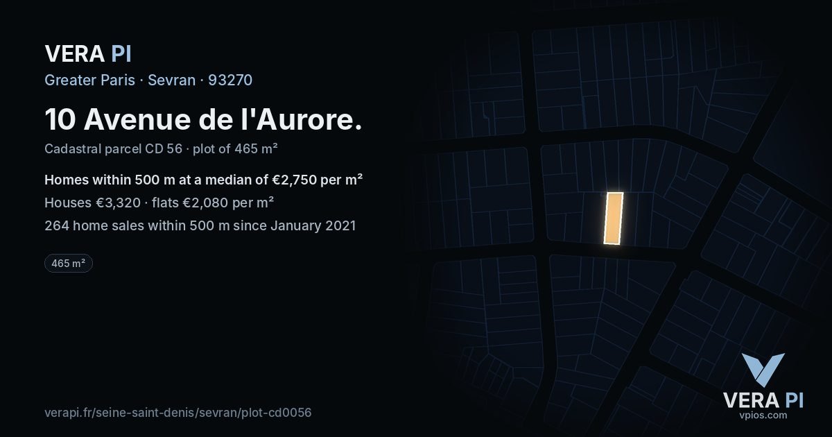 10 Avenue de l'Aurore, Sevran at night – the plot lit, the parcels around coloured by the prices near them