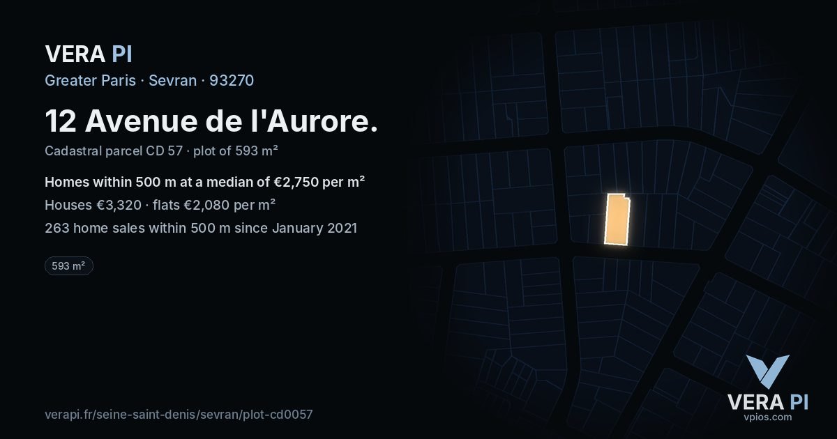 12 Avenue de l'Aurore, Sevran at night – the plot lit, the parcels around coloured by the prices near them