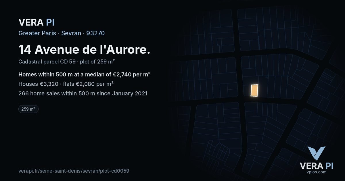 14 Avenue de l'Aurore, Sevran at night – the plot lit, the parcels around coloured by the prices near them