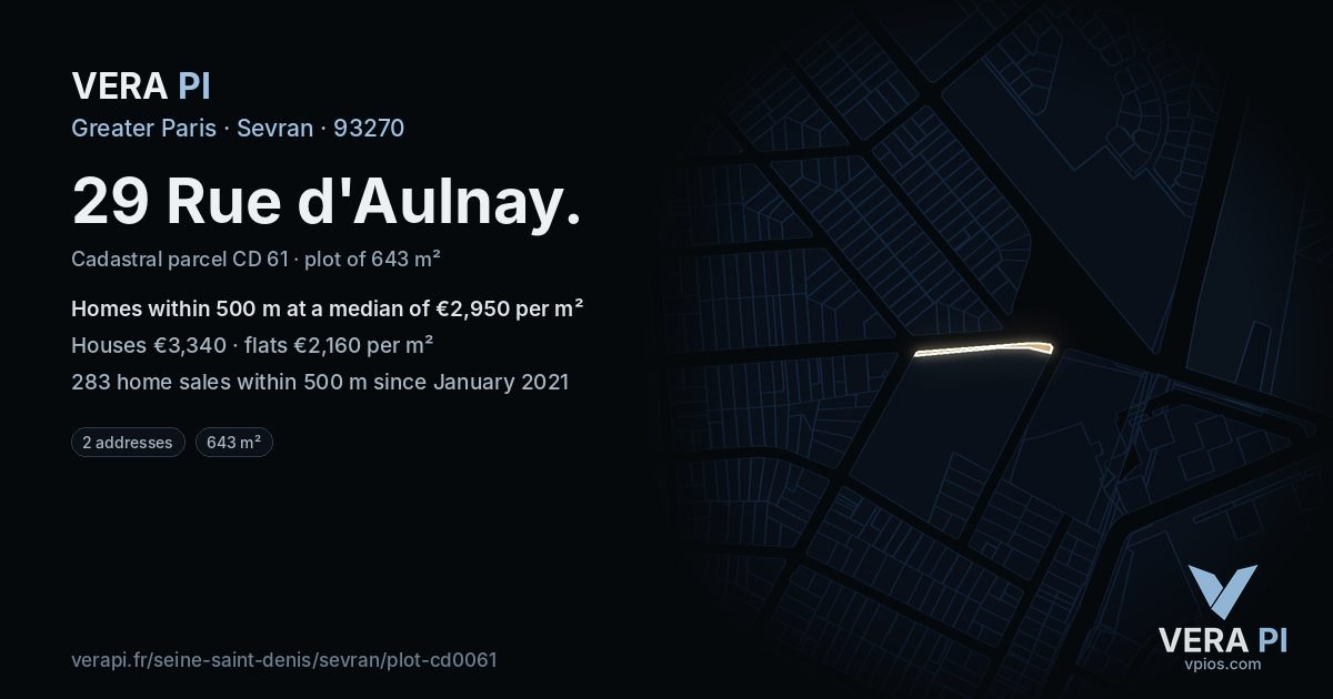 29 Rue d'Aulnay, Sevran at night – the plot lit, the parcels around coloured by the prices near them
