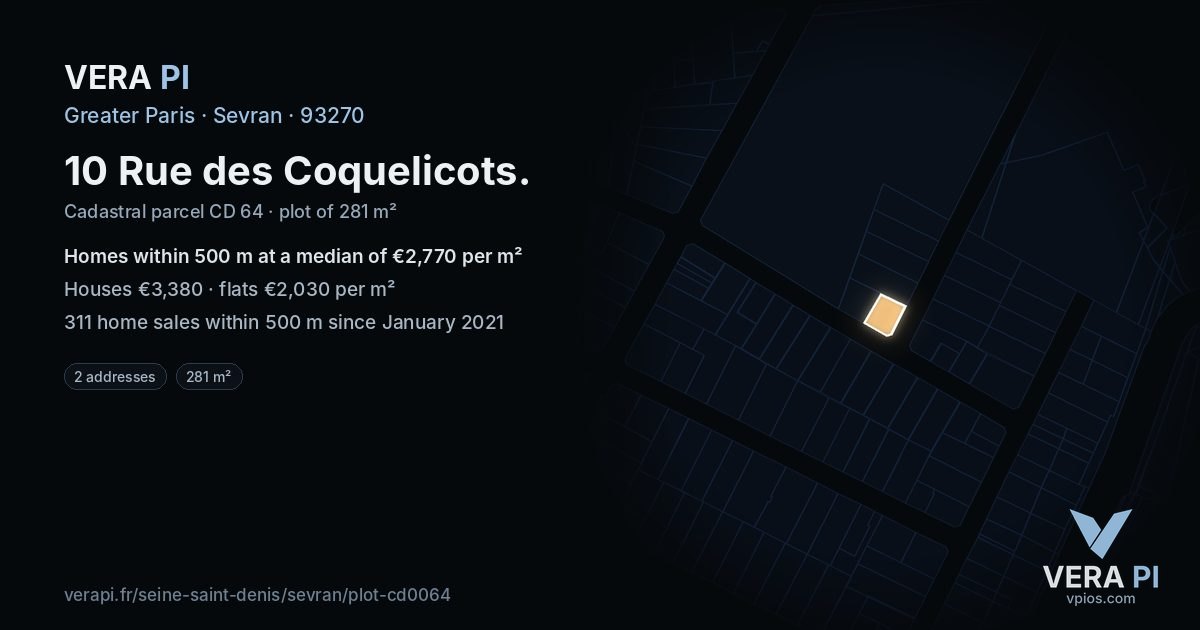 10 Rue des Coquelicots, Sevran at night – the plot lit, the parcels around coloured by the prices near them