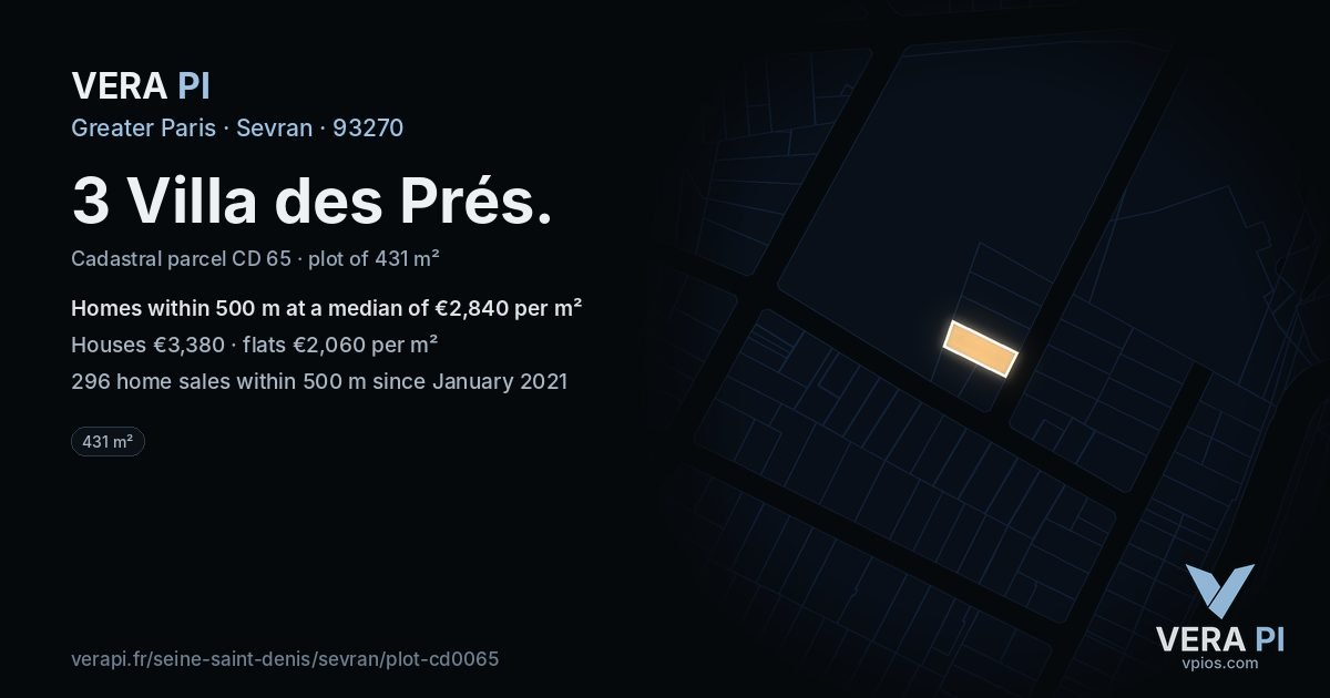 3 Villa des Prés, Sevran at night – the plot lit, the parcels around coloured by the prices near them