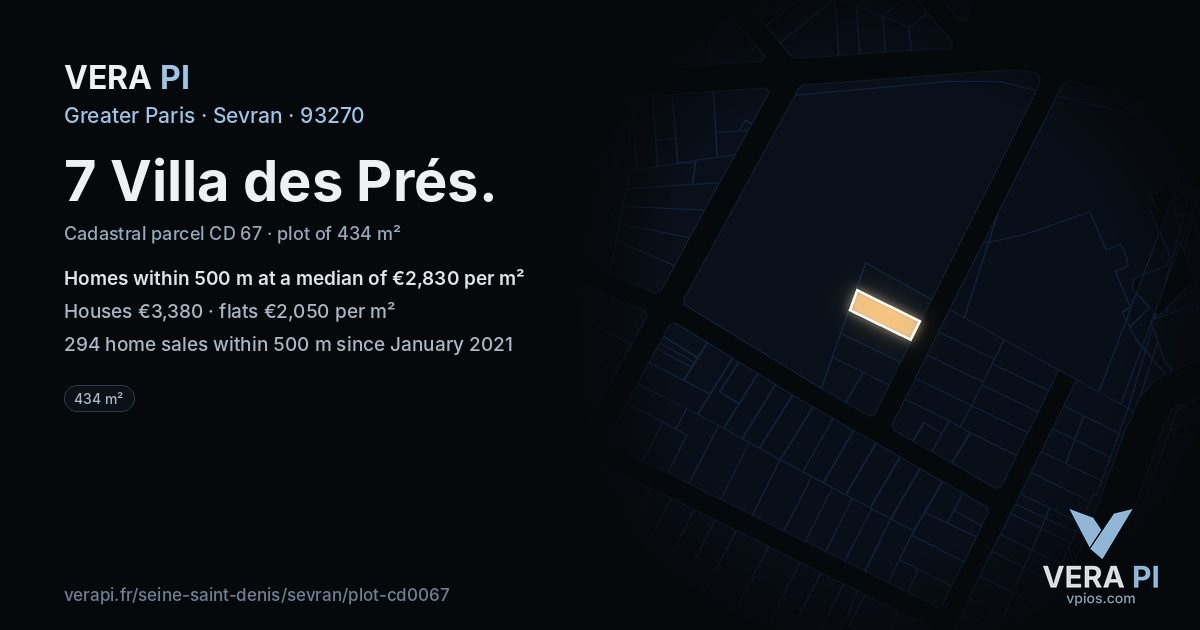 7 Villa des Prés, Sevran at night – the plot lit, the parcels around coloured by the prices near them