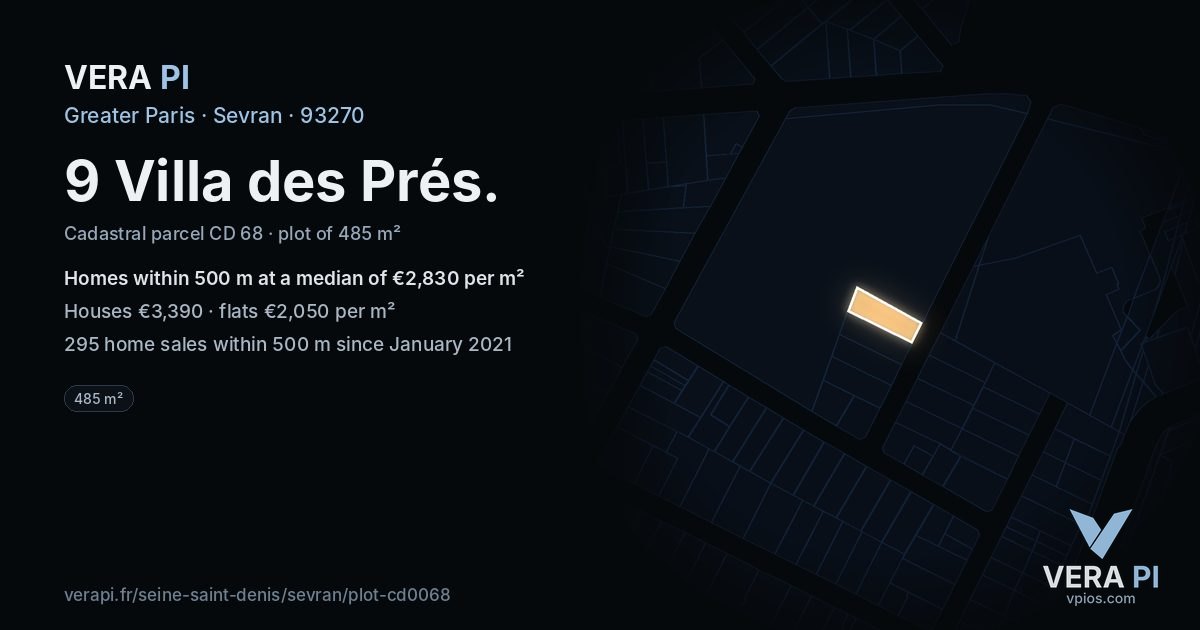 9 Villa des Prés, Sevran at night – the plot lit, the parcels around coloured by the prices near them