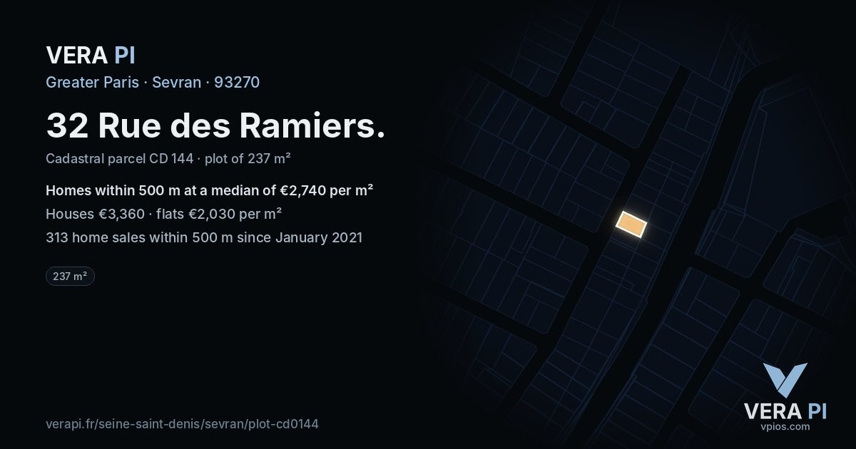 32 Rue des Ramiers, Sevran at night – the plot lit, the parcels around coloured by the prices near them