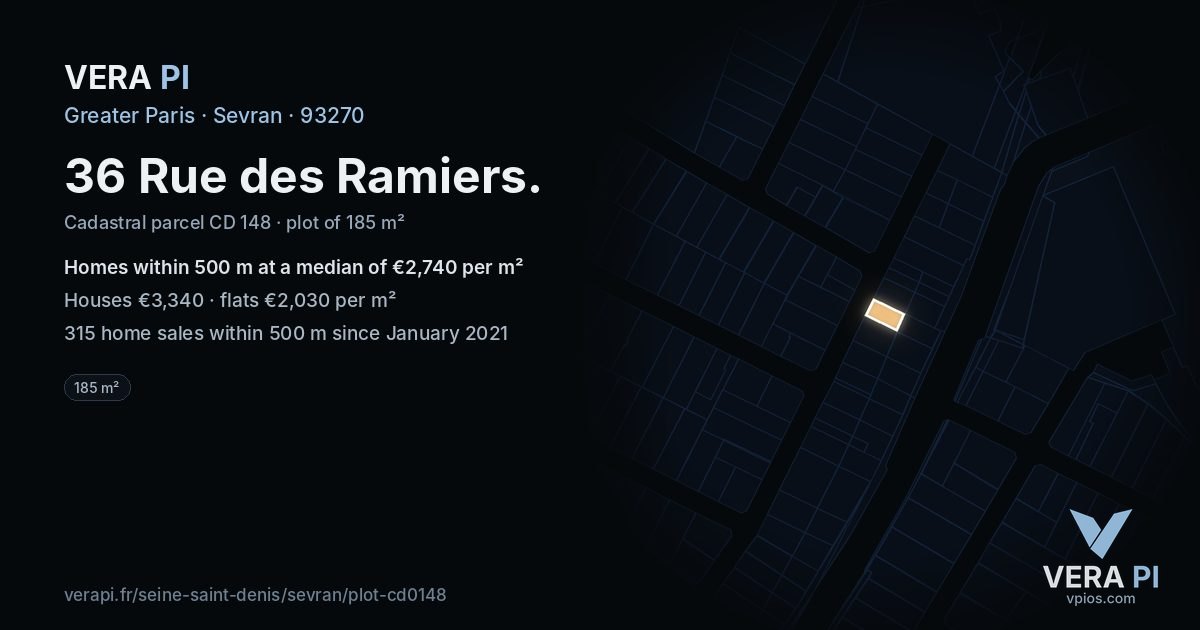 36 Rue des Ramiers, Sevran at night – the plot lit, the parcels around coloured by the prices near them