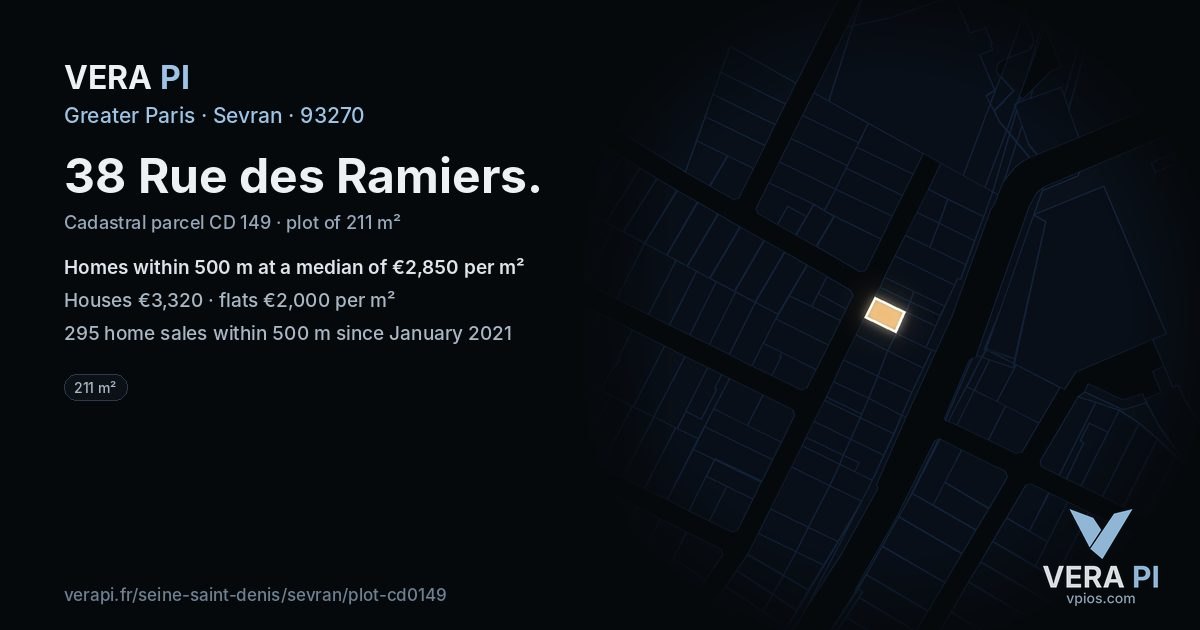38 Rue des Ramiers, Sevran at night – the plot lit, the parcels around coloured by the prices near them