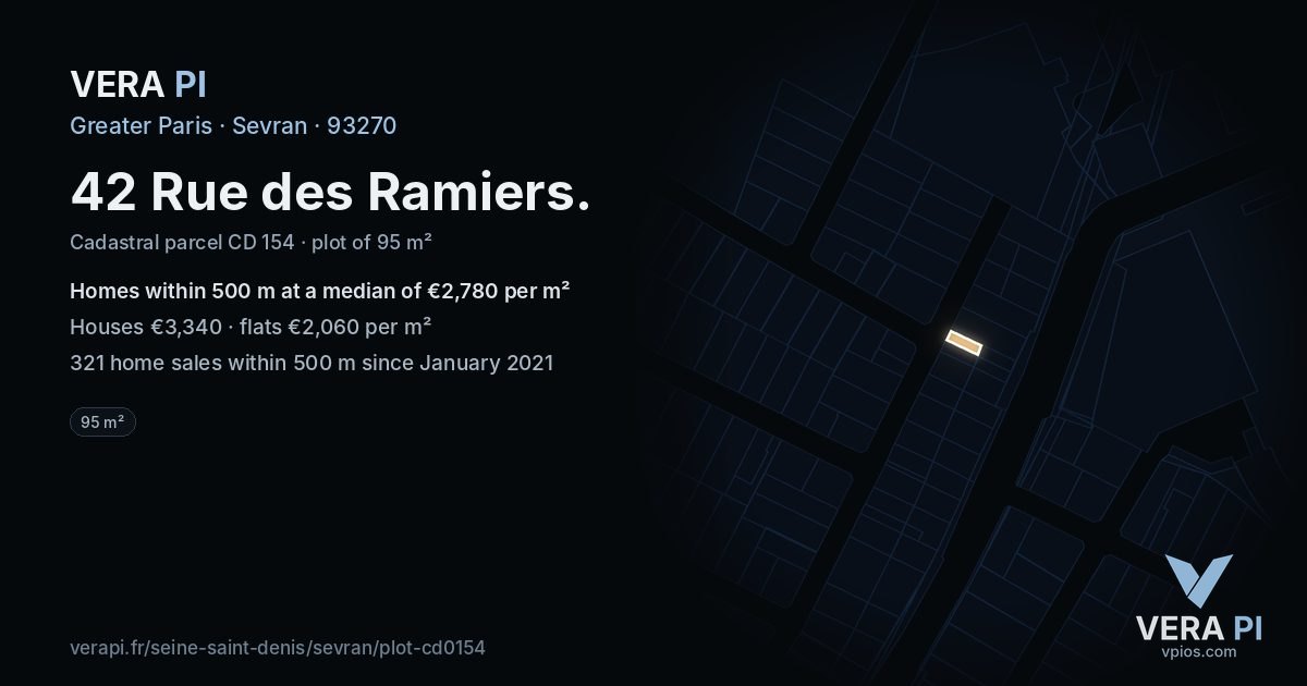 42 Rue des Ramiers, Sevran at night – the plot lit, the parcels around coloured by the prices near them