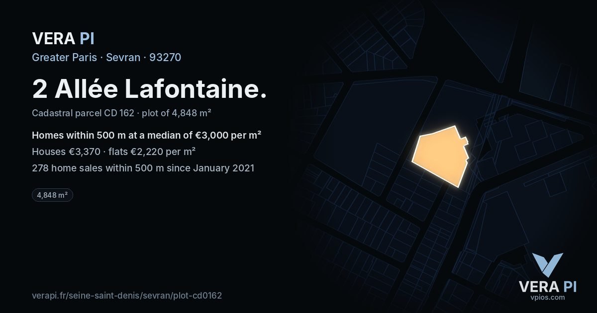 2 Allée Lafontaine, Sevran at night – the plot lit, the parcels around coloured by the prices near them