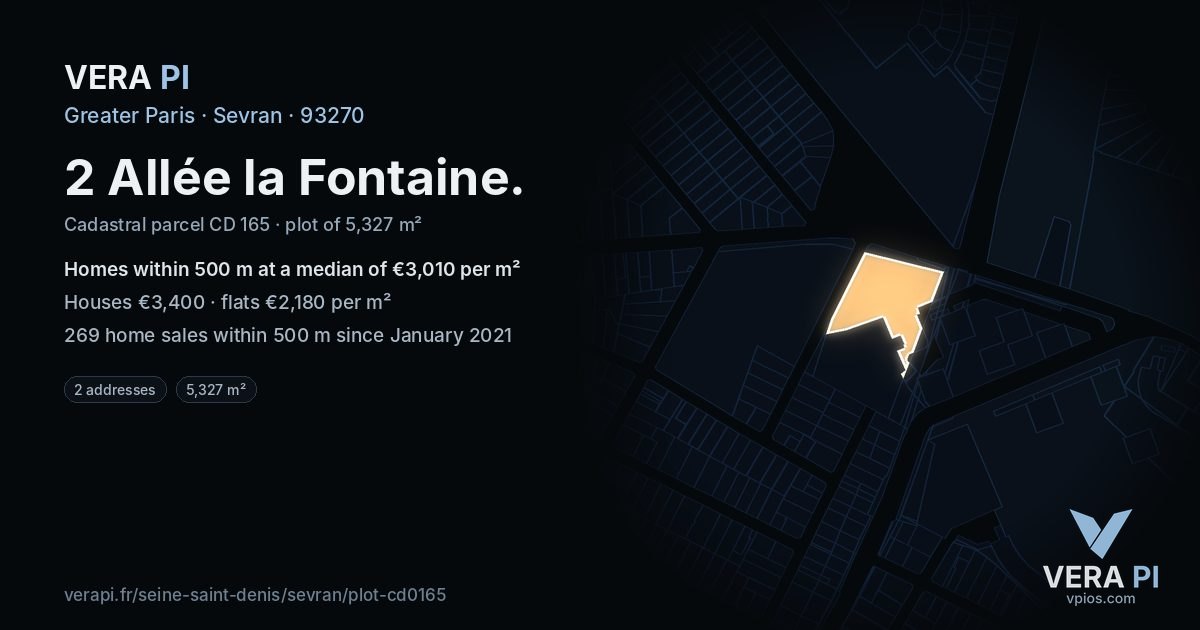 2 Allée la Fontaine, Sevran at night – the plot lit, the parcels around coloured by the prices near them
