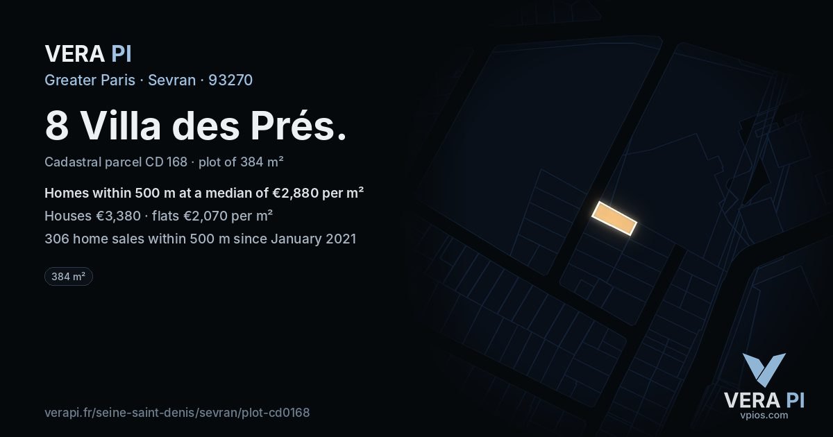 8 Villa des Prés, Sevran at night – the plot lit, the parcels around coloured by the prices near them