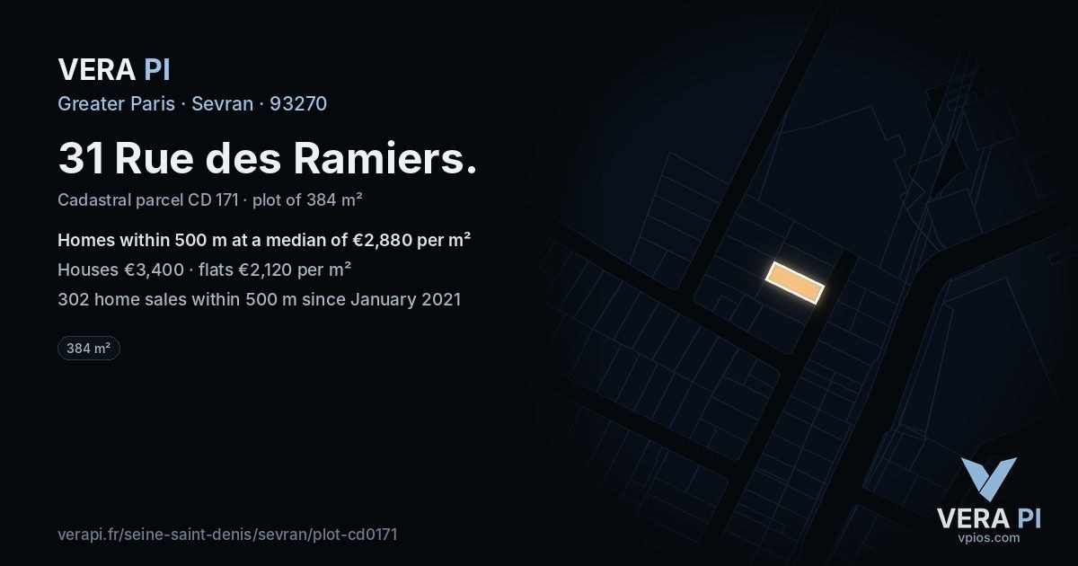 31 Rue des Ramiers, Sevran at night – the plot lit, the parcels around coloured by the prices near them
