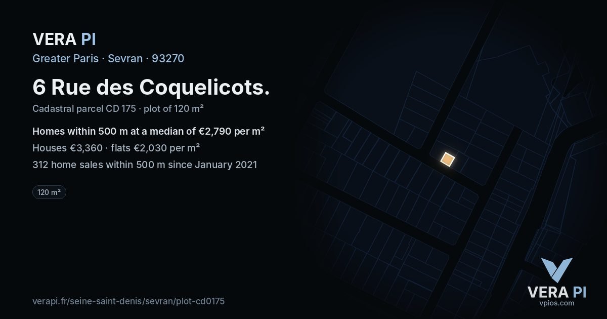 6 Rue des Coquelicots, Sevran at night – the plot lit, the parcels around coloured by the prices near them