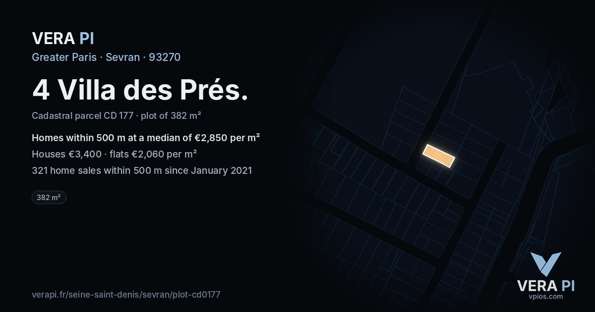 4 Villa des Prés, Sevran at night – the plot lit, the parcels around coloured by the prices near them