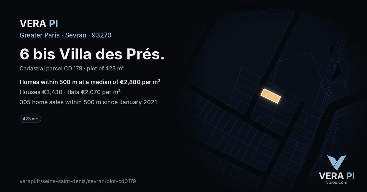 6 bis Villa des Prés, Sevran at night – the plot lit, the parcels around coloured by the prices near them