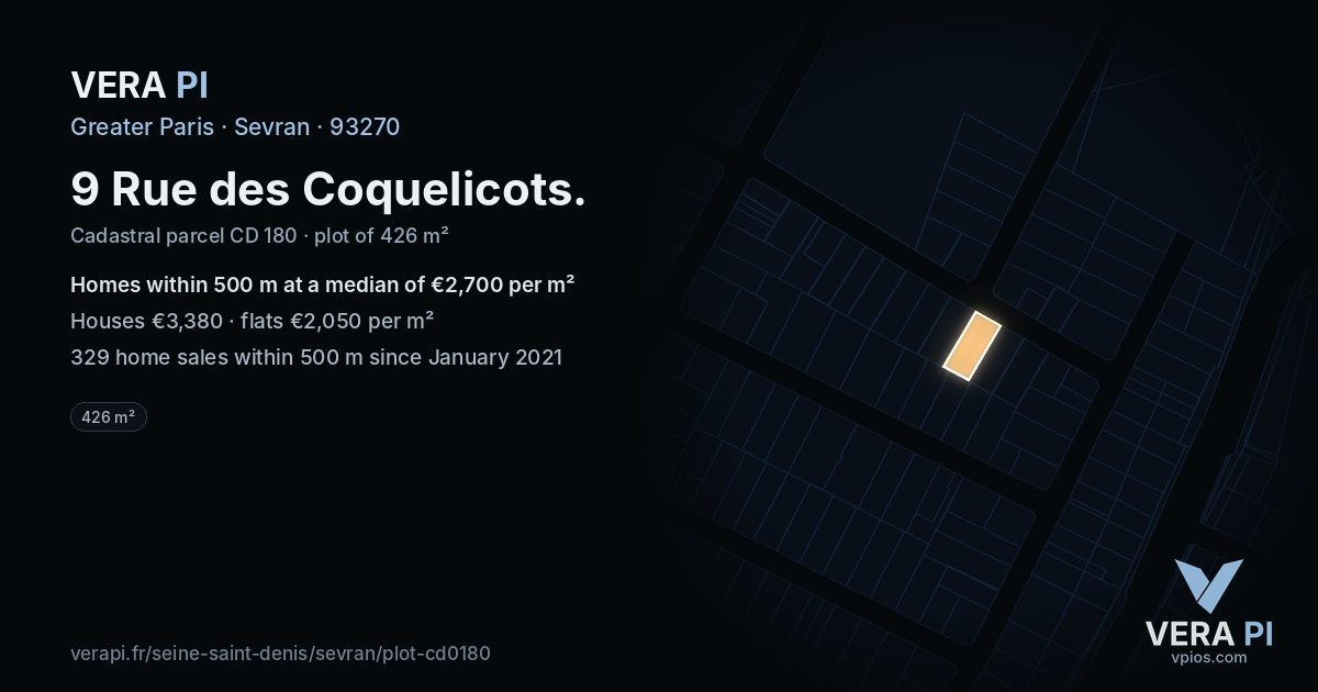 9 Rue des Coquelicots, Sevran at night – the plot lit, the parcels around coloured by the prices near them