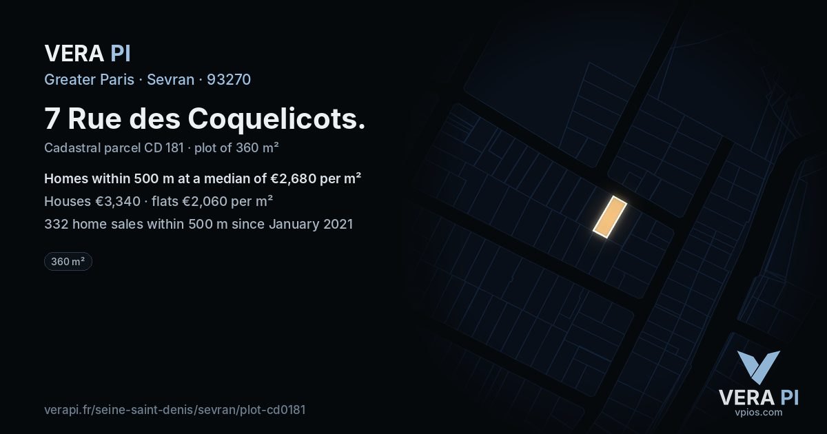 7 Rue des Coquelicots, Sevran at night – the plot lit, the parcels around coloured by the prices near them