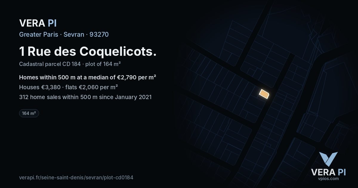 1 Rue des Coquelicots, Sevran at night – the plot lit, the parcels around coloured by the prices near them