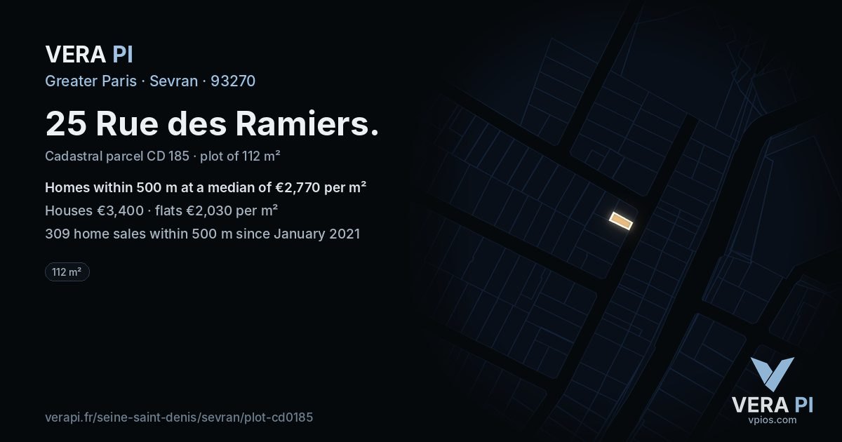 25 Rue des Ramiers, Sevran at night – the plot lit, the parcels around coloured by the prices near them
