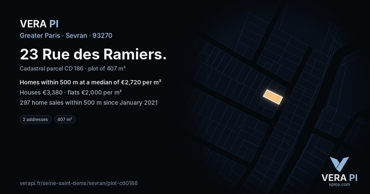 23 Rue des Ramiers, Sevran at night – the plot lit, the parcels around coloured by the prices near them