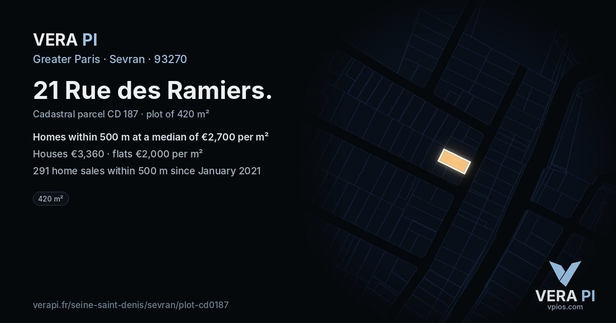 21 Rue des Ramiers, Sevran at night – the plot lit, the parcels around coloured by the prices near them