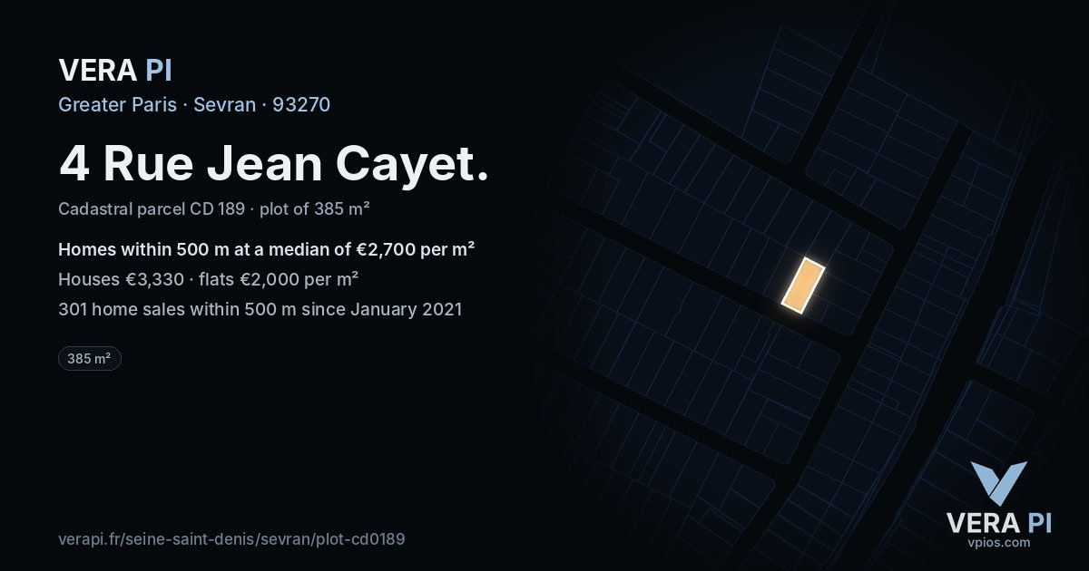 4 Rue Jean Cayet, Sevran at night – the plot lit, the parcels around coloured by the prices near them