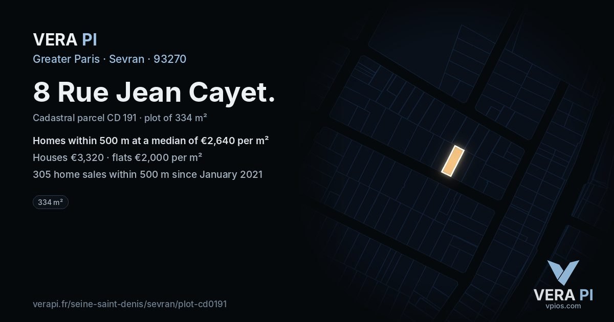 8 Rue Jean Cayet, Sevran at night – the plot lit, the parcels around coloured by the prices near them