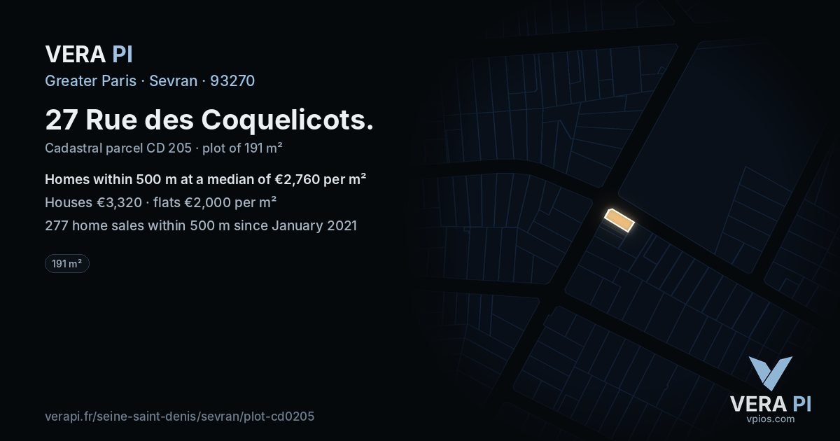 27 Rue des Coquelicots, Sevran at night – the plot lit, the parcels around coloured by the prices near them