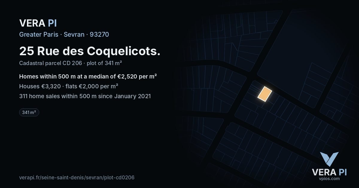 25 Rue des Coquelicots, Sevran at night – the plot lit, the parcels around coloured by the prices near them
