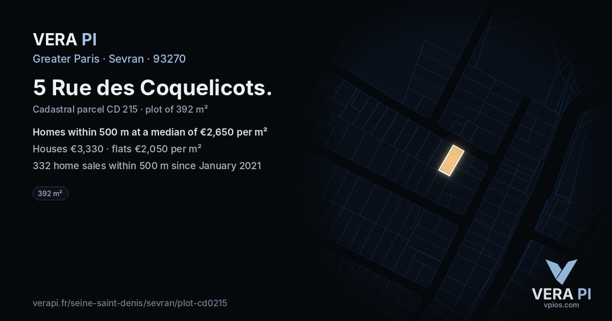 5 Rue des Coquelicots, Sevran at night – the plot lit, the parcels around coloured by the prices near them