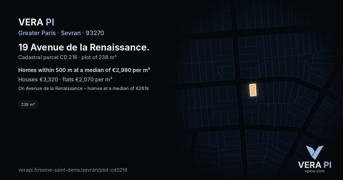 19 Avenue de la Renaissance, Sevran at night – the plot lit, the parcels around coloured by the prices near them