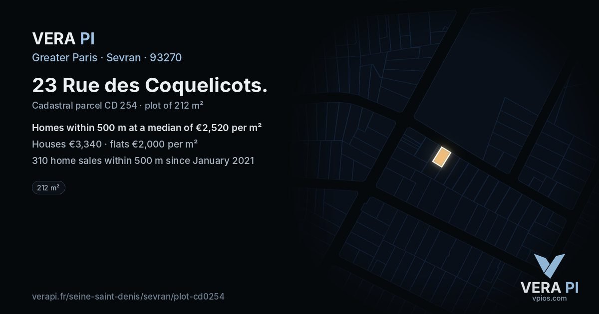 23 Rue des Coquelicots, Sevran at night – the plot lit, the parcels around coloured by the prices near them