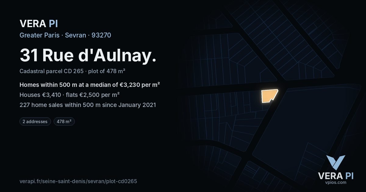 31 Rue d'Aulnay, Sevran at night – the plot lit, the parcels around coloured by the prices near them